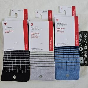THREE PAIRS Lululemon Power Stride Crew Socks Black Blue Women's Size Large 9-11